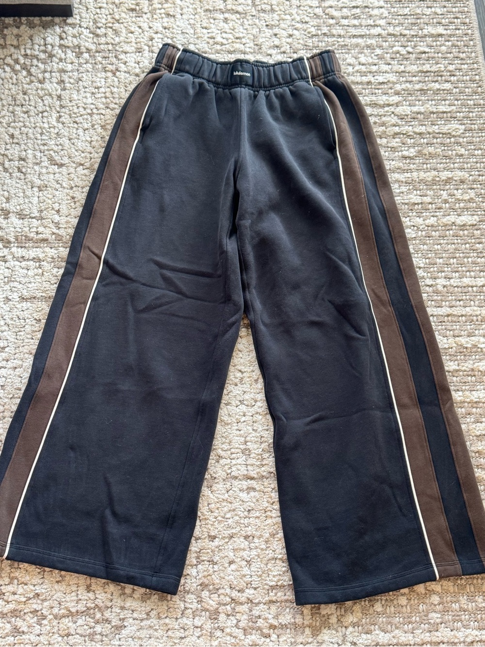 lululemon athletica Black Wide-Leg Pants with Brown Side Stripes